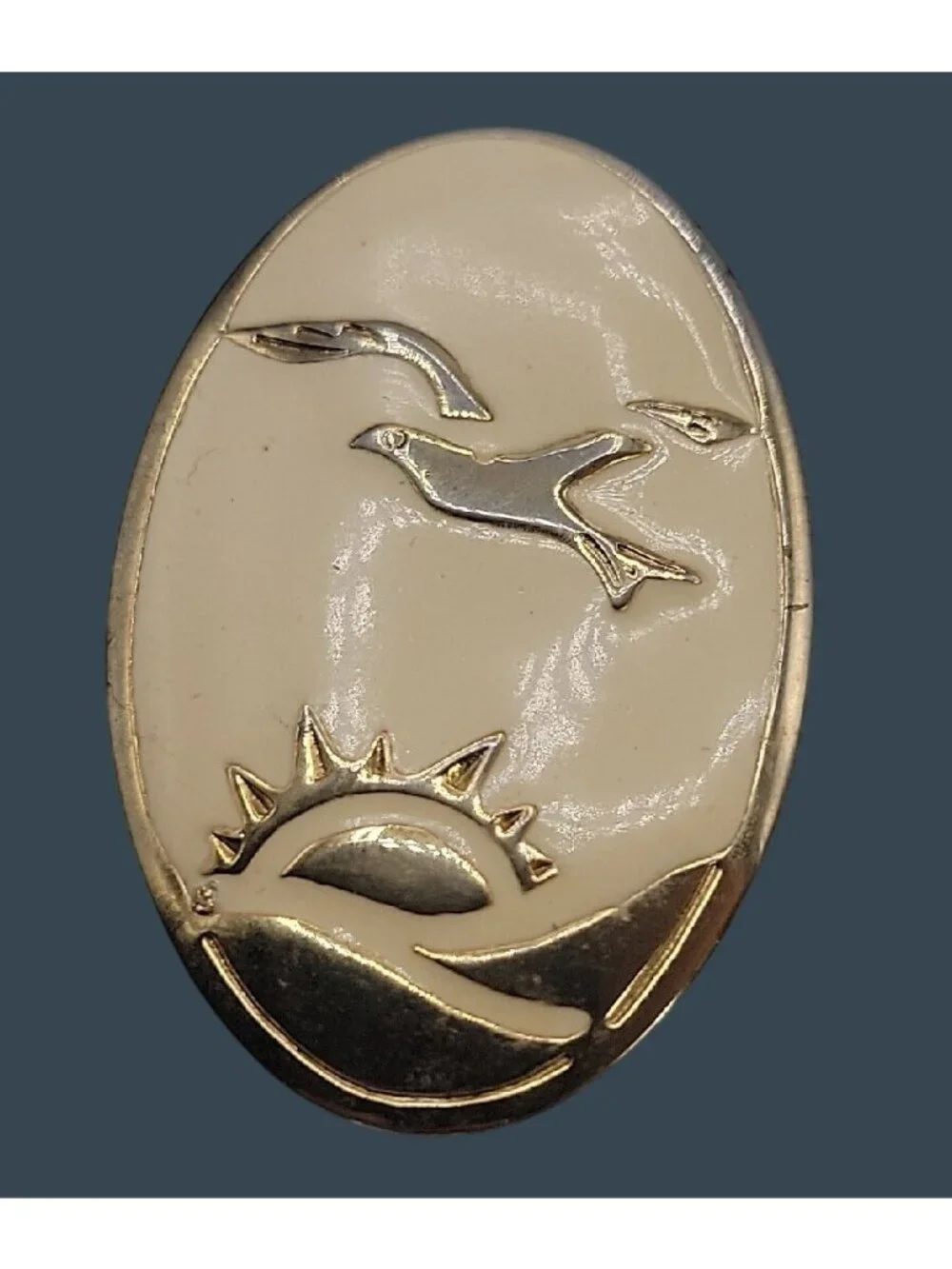 Bird In Flight Over Sunset Brooch Pin Cream Enamel Gold Tone Coastal Aviation